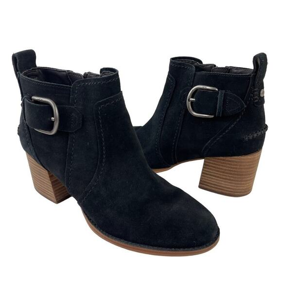 UGG Leahy Black Suede Leather Ankle Boots Stacked Block Heel Booties Size 9 - Picture 5 of 14